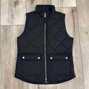 J. Crew Down Diamond Puffer Vest‎ Black Full Zip Pockets Gold Trim Women's XS